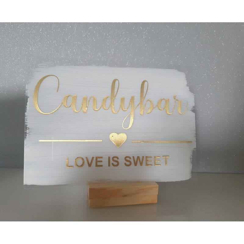 Acrylschild Candybar mit weißem Acrylhintergrund in der Textfarbe gold-glänzend